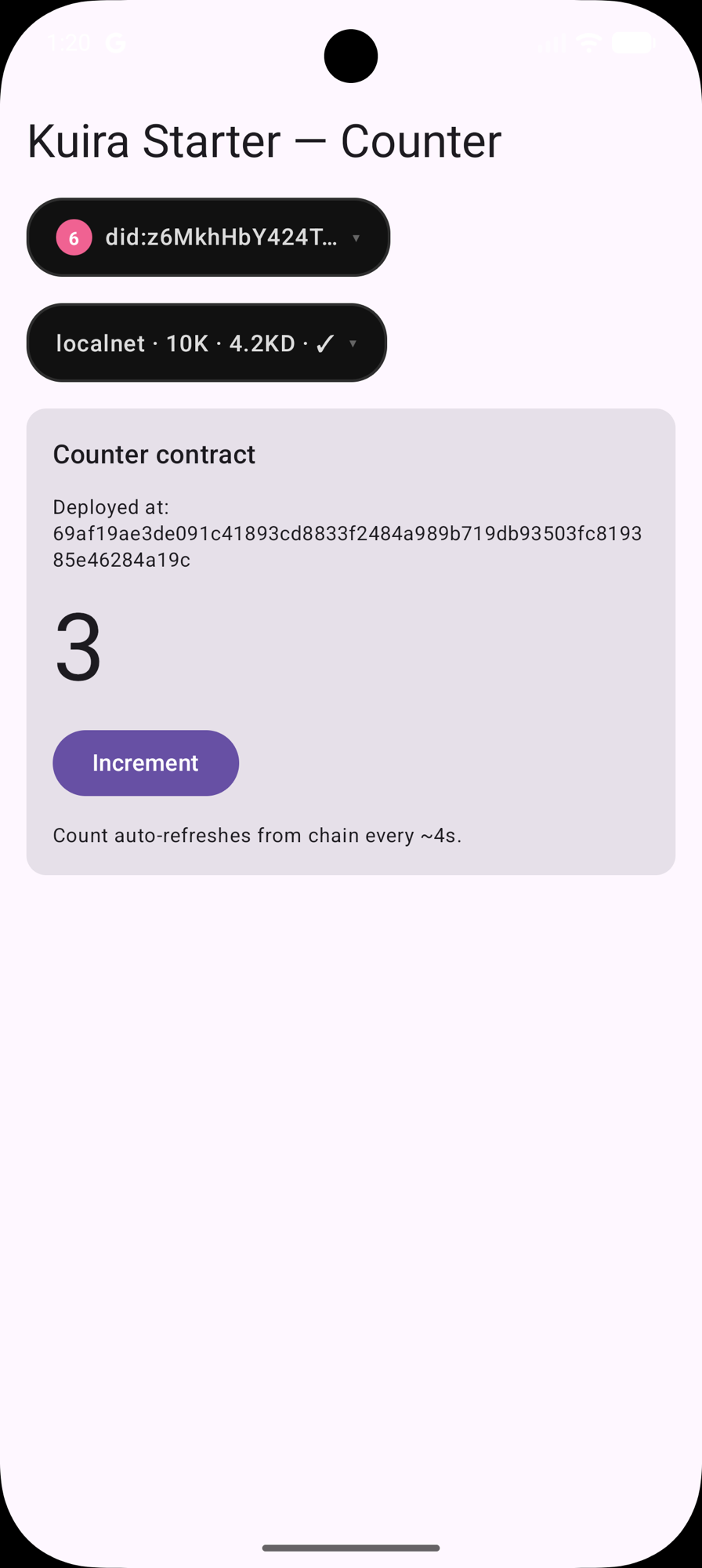 Kuira Starter — counter dApp on device